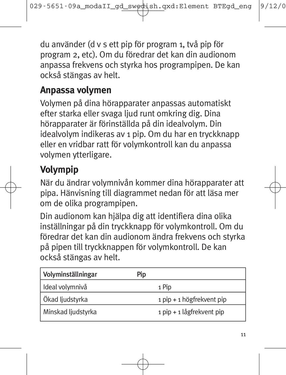 Din idealvolym indikeras av 1 pip. Om du har en tryckknapp eller en vridbar ratt för volymkontroll kan du anpassa volymen ytterligare.