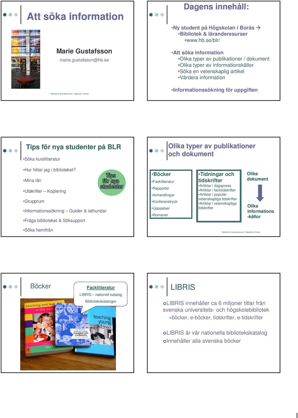 se/blr/ Att söka information Olika typer av publikationer / dokument Olika typer av informationskällor Söka en vetenskaplig artikel Värdera information Informationssökning för uppgiften Tips för nya