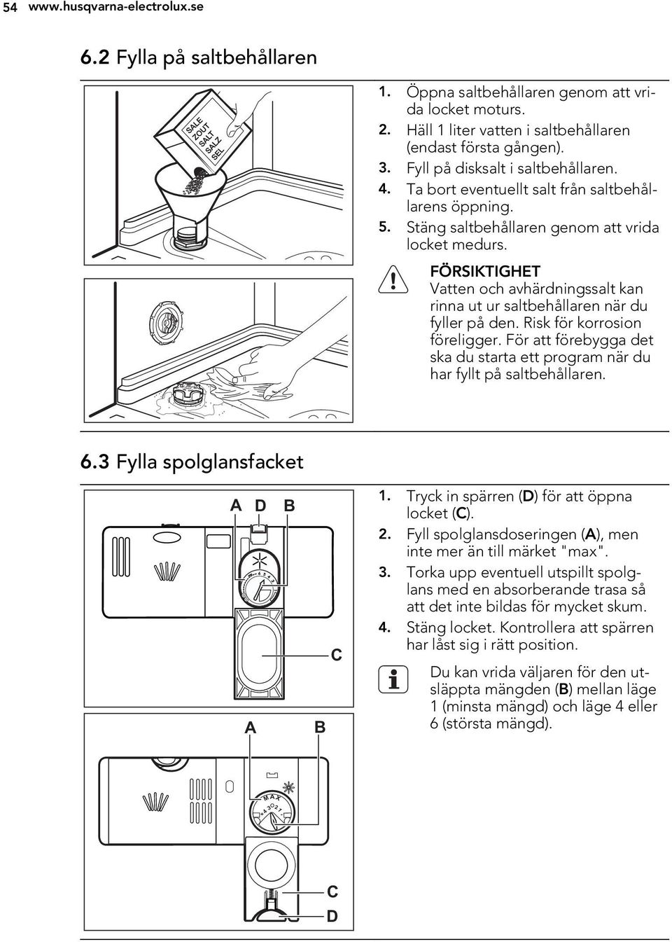 FÖRSIKTIGHET Vatten och avhärdningssalt kan rinna ut ur saltbehållaren när du fyller på den. Risk för korrosion föreligger.