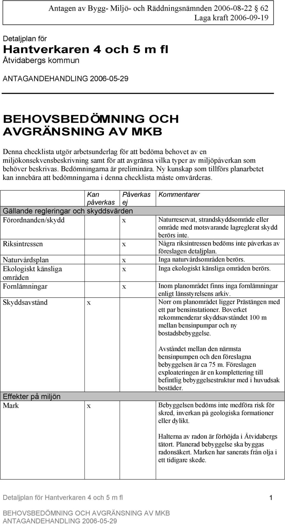 Ny kunskap som tillförs planarbetet kan innebära att bedömningarna i denna checklista måste omvärderas.