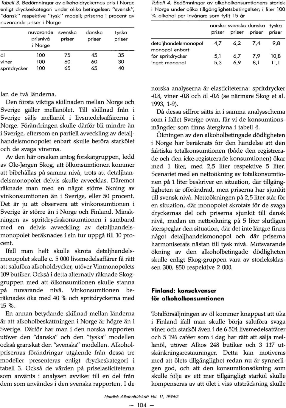 svenska danska tyska prisnivå priser priser priser i Norge ol 100 75 45 35 viner 100 60 60 30 spritdrycker 100 65 65 40 TabelI 4.