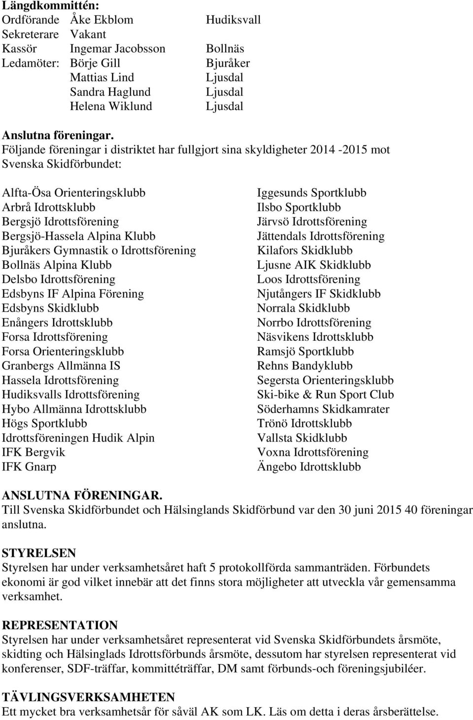 Följande föreningar i distriktet har fullgjort sina skyldigheter 2014-2015 mot Svenska Skidförbundet: Alfta-Ösa Orienteringsklubb Arbrå Idrottsklubb Bergsjö Idrottsförening Bergsjö-Hassela Alpina