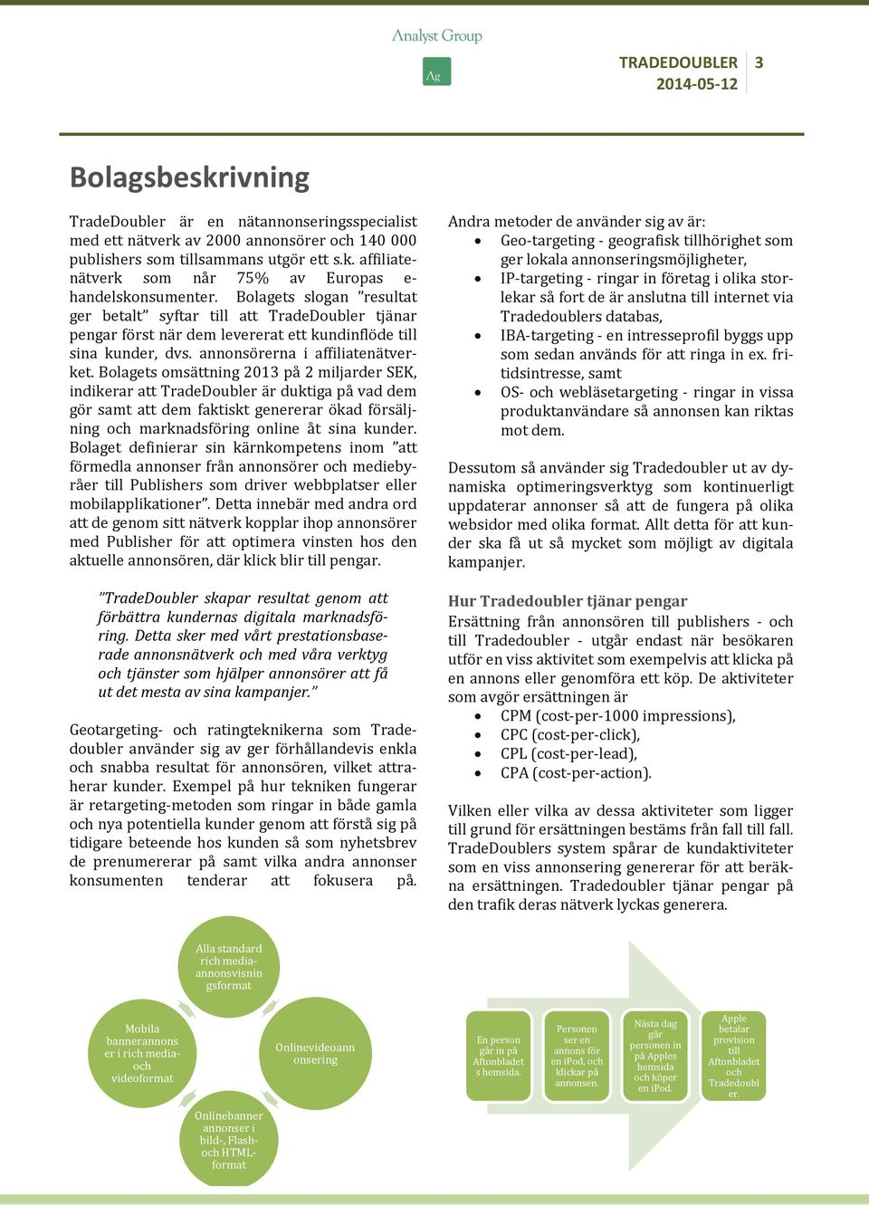 Bolagets omsättning 2013 på 2 miljarder SEK, indikerar att TradeDoubler är duktiga på vad dem gör samt att dem faktiskt genererar ökad försäljning och marknadsföring online åt sina kunder.