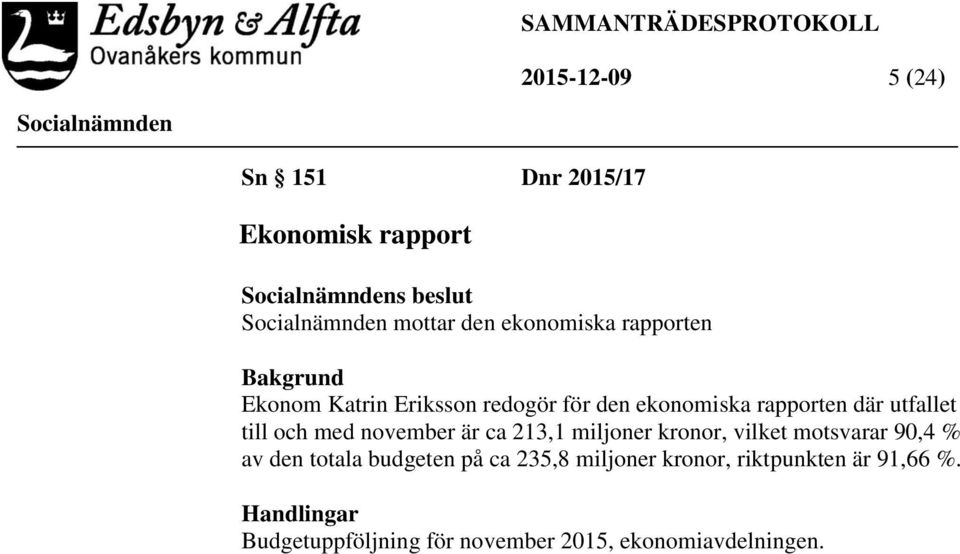 november är ca 213,1 miljoner kronor, vilket motsvarar 90,4 % av den totala budgeten på ca 235,8