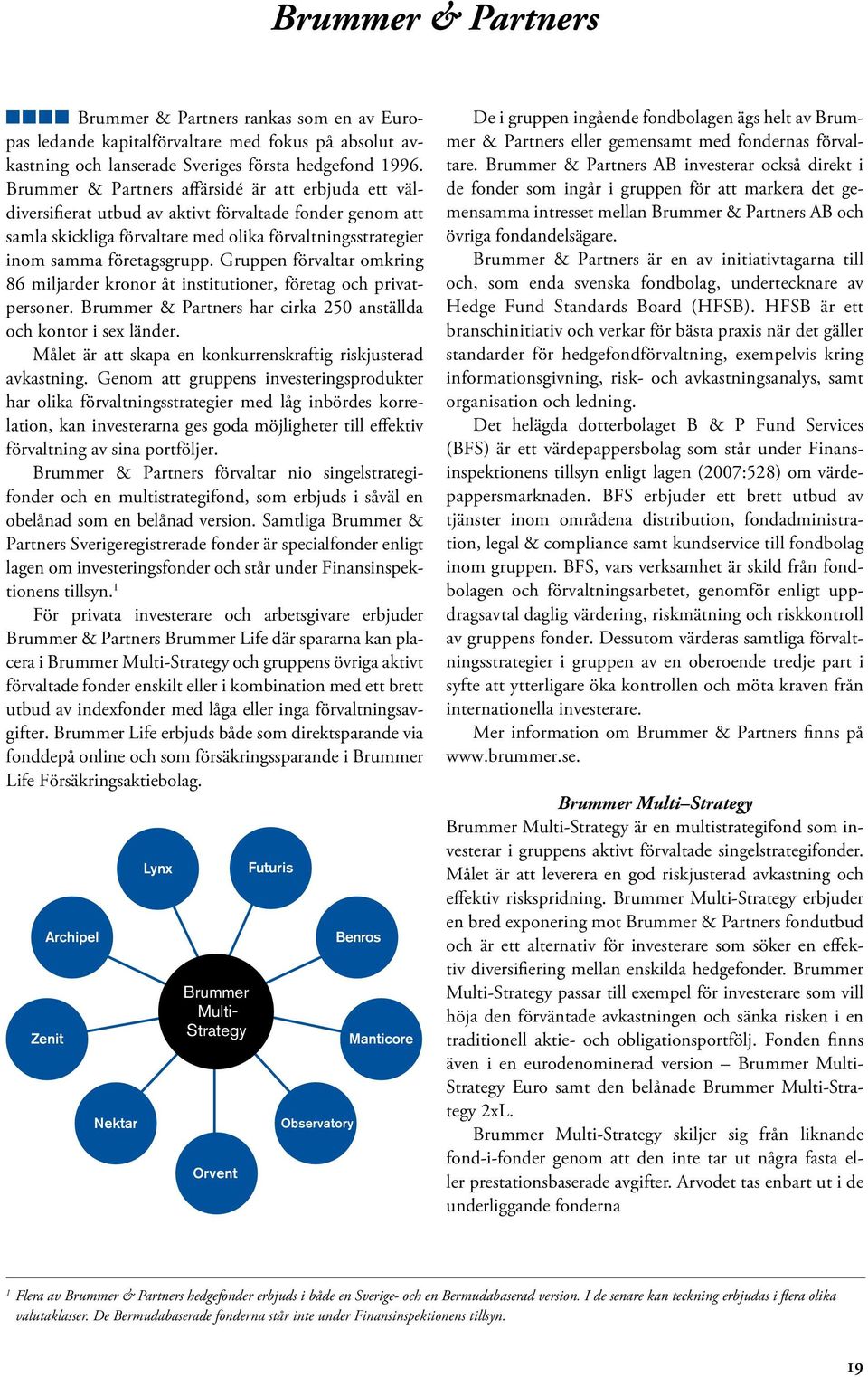Gruppen förvaltar omkring 86 miljarder kronor åt institutioner, företag och privatpersoner. Brummer & Partners har cirka 250 anställda och kontor i sex länder.