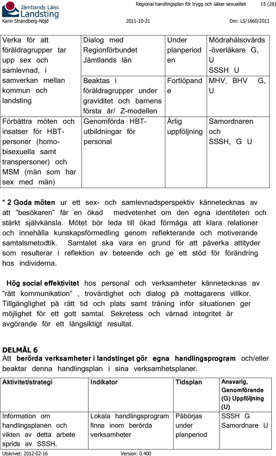 HBTpersoner (homobisexuella samt transpersoner) och MSM (män som har sex med män) Genomförda HBTutbildningar för personal Årlig uppföljning Samordnaren och SSSH, G * 2 Goda möten ur ett sex- och