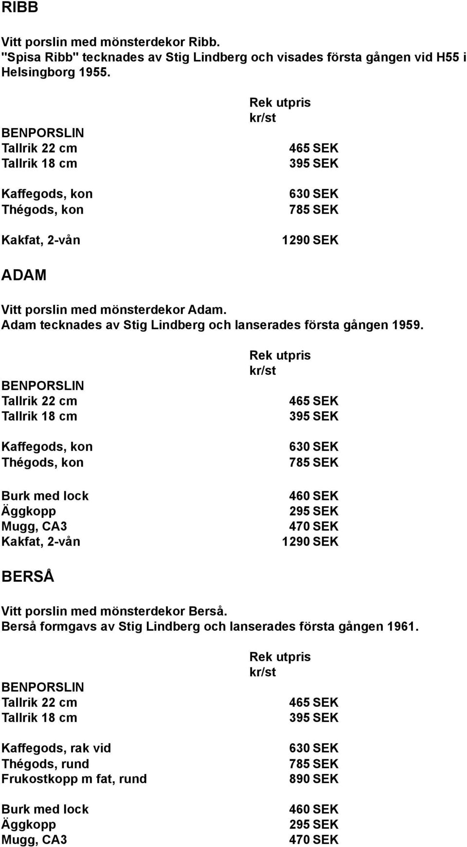 Adam tecknades av Stig Lindberg och lanserades första gången 1959.