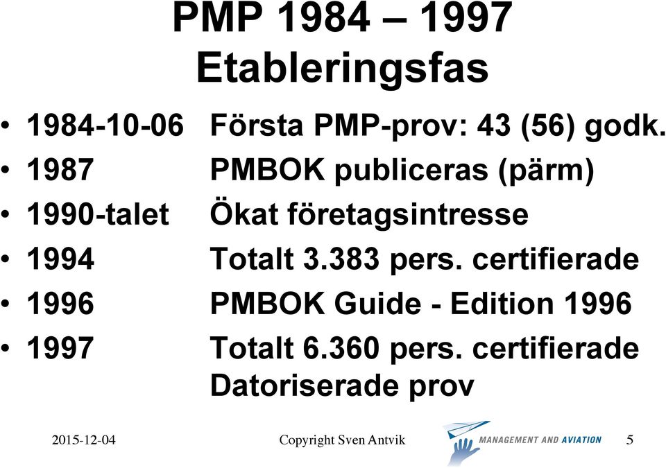 PMBOK publiceras (pärm) Ökat företagsintresse Totalt 3.383 pers.