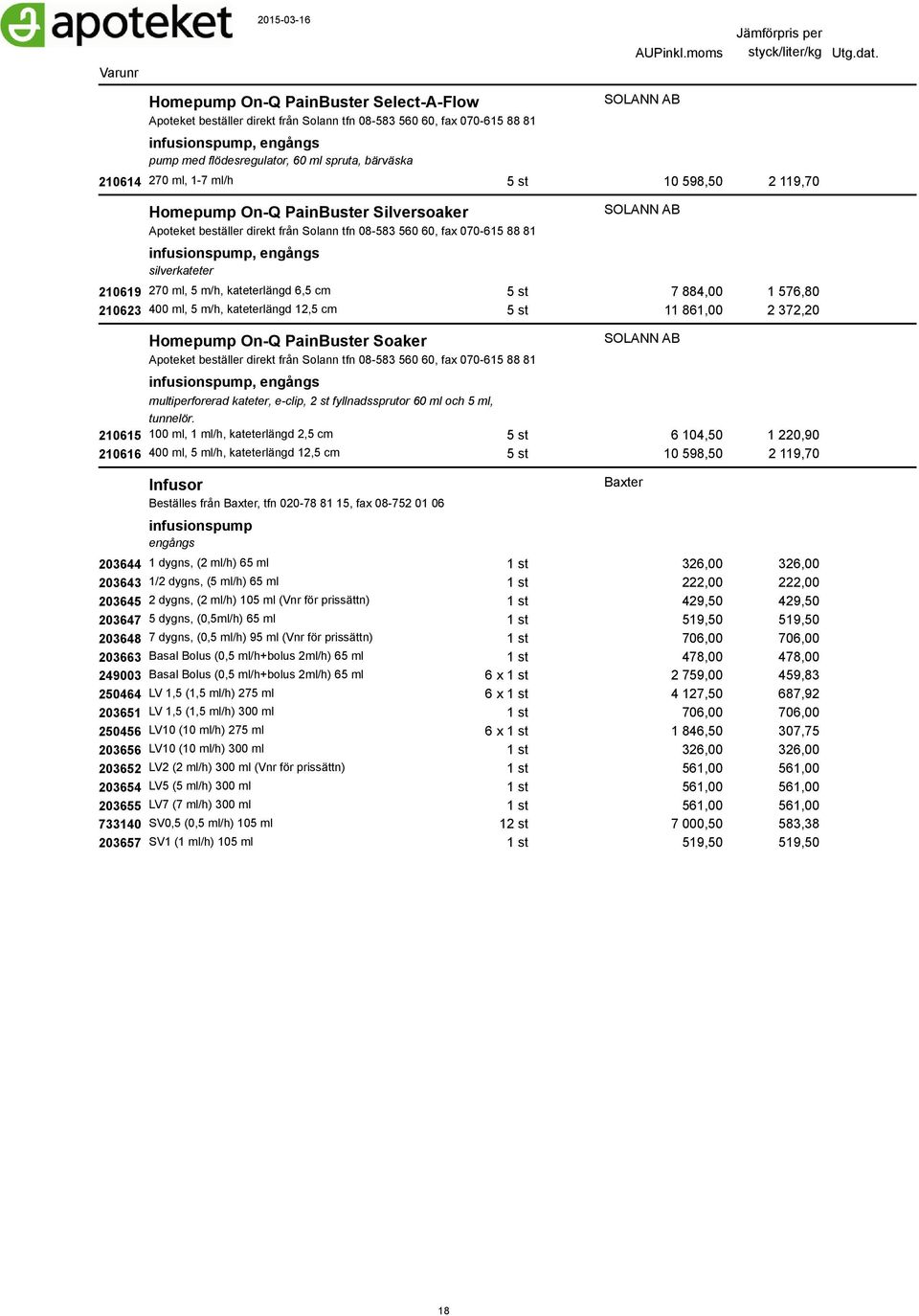 SOLANN AB 210619 270 ml, 5 m/h, kateterlängd 6,5 cm 5 st 7 884,00 1 576,80 210623 400 ml, 5 m/h, kateterlängd 12,5 cm 5 st 11 861,00 2 372,20 Homepump On-Q PainBuster Soaker Apoteket beställer direkt