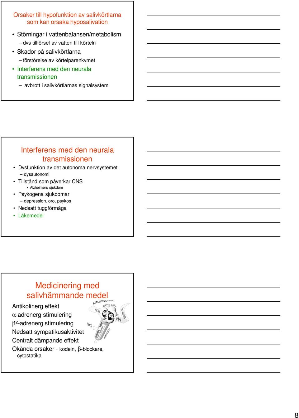 autonoma nervsystemet dysautonomi Tillstånd som påverkar CNS Alzheimers sjukdom Psykogena sjukdomar depression, oro, psykos Nedsatt tuggförmåga Läkemedel Medicinering med