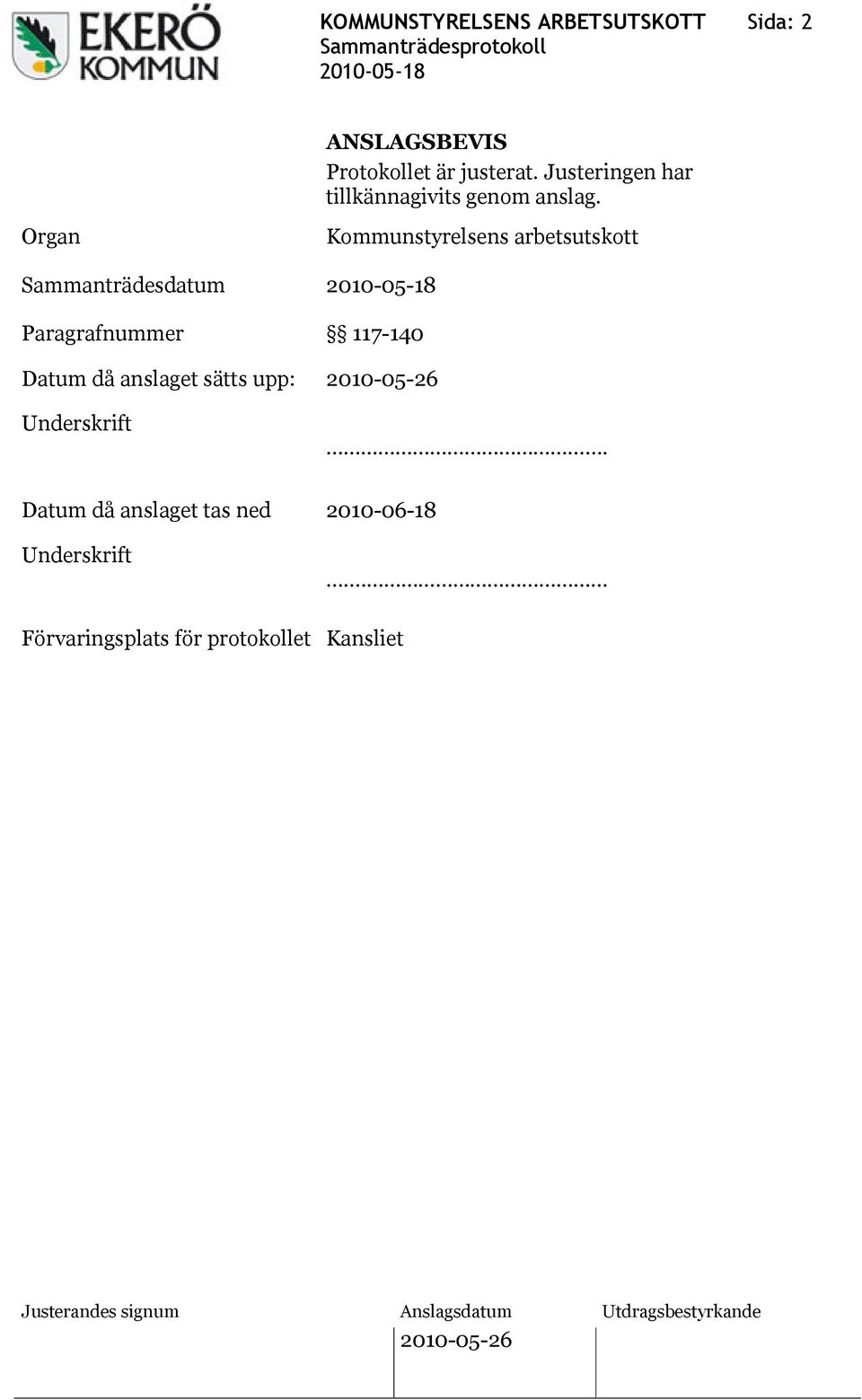 Organ Sammanträdesdatum Paragrafnummer Kommunstyrelsens arbetsutskott 117-140 Datum