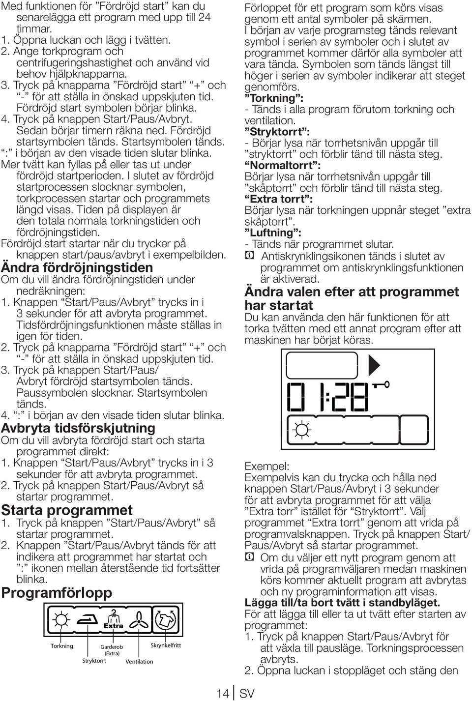 Fördröjd startsymbolen tänds. Startsymbolen tänds. : i början av den visade tiden slutar blinka. Mer tvätt kan fyllas på eller tas ut under fördröjd startperioden.