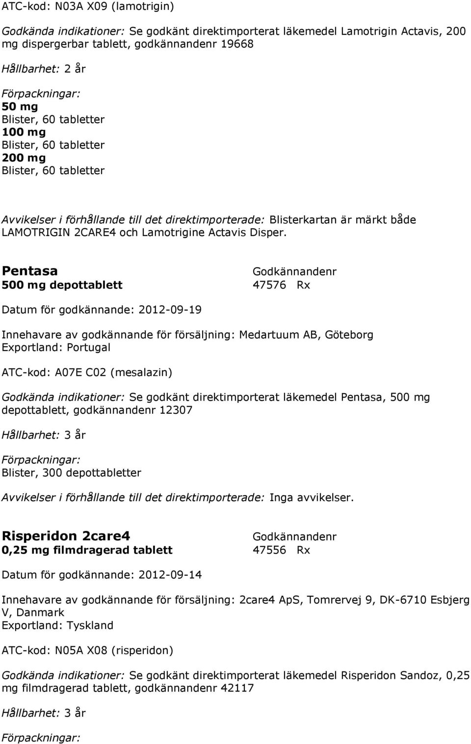 Pentasa 500 mg depottablett 47576 Rx Innehavare av godkännande för försäljning: Medartuum AB, Göteborg Exportland: Portugal ATC-kod: A07E C02 (mesalazin) Godkända indikationer: Se godkänt