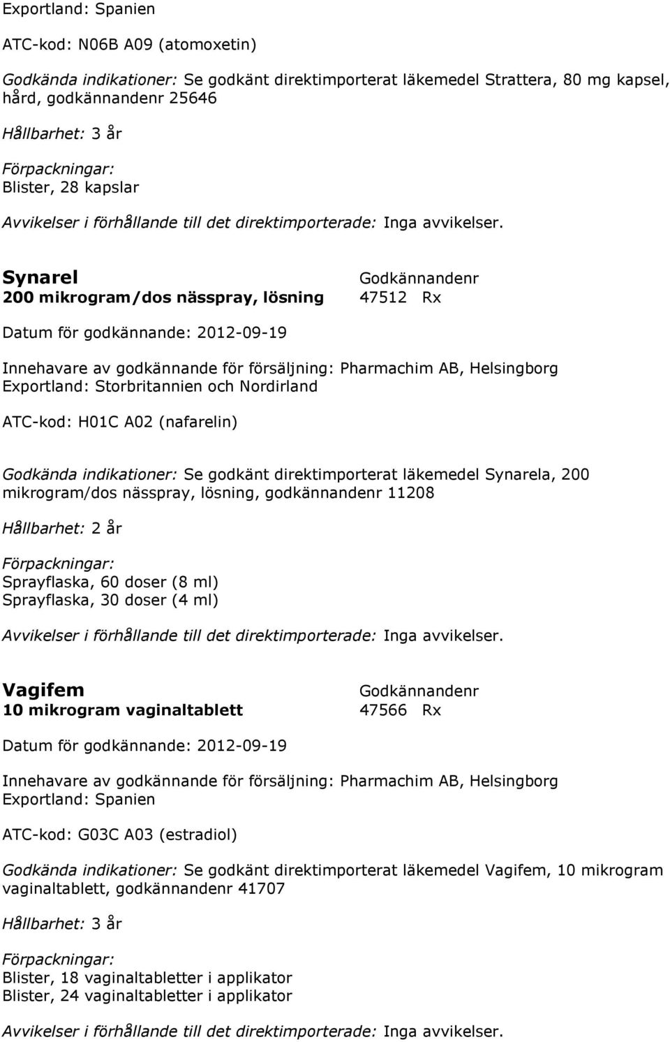 indikationer: Se godkänt direktimporterat läkemedel Synarela, 200 mikrogram/dos nässpray, lösning, godkännandenr 11208 Sprayflaska, 60 doser (8 ml) Sprayflaska, 30 doser (4 ml) Vagifem 10 mikrogram