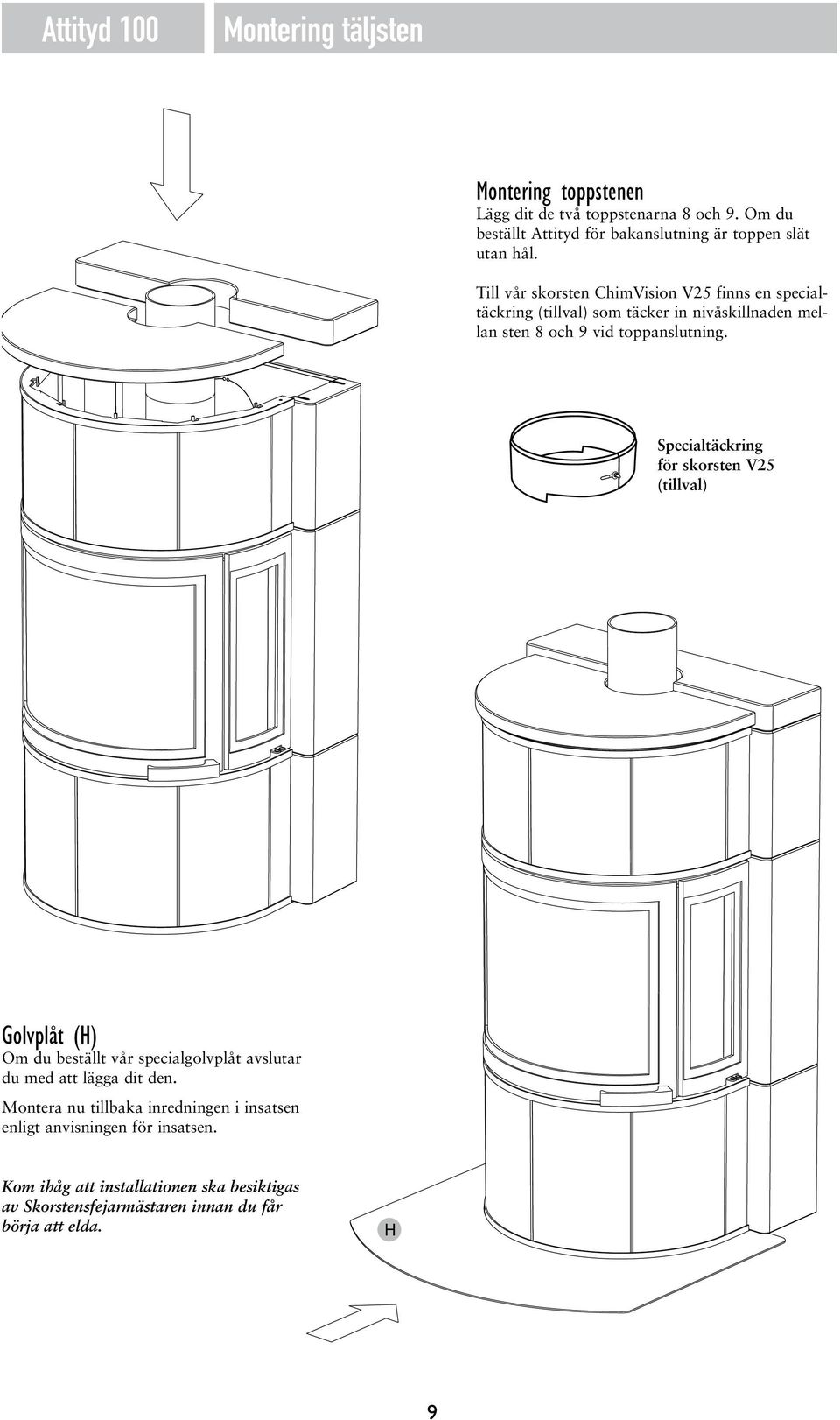 Specialtäckring för skorsten V2 (tillval) Golvplåt (H) Om du beställt vår specialgolvplåt avslutar du med att lägga dit den.