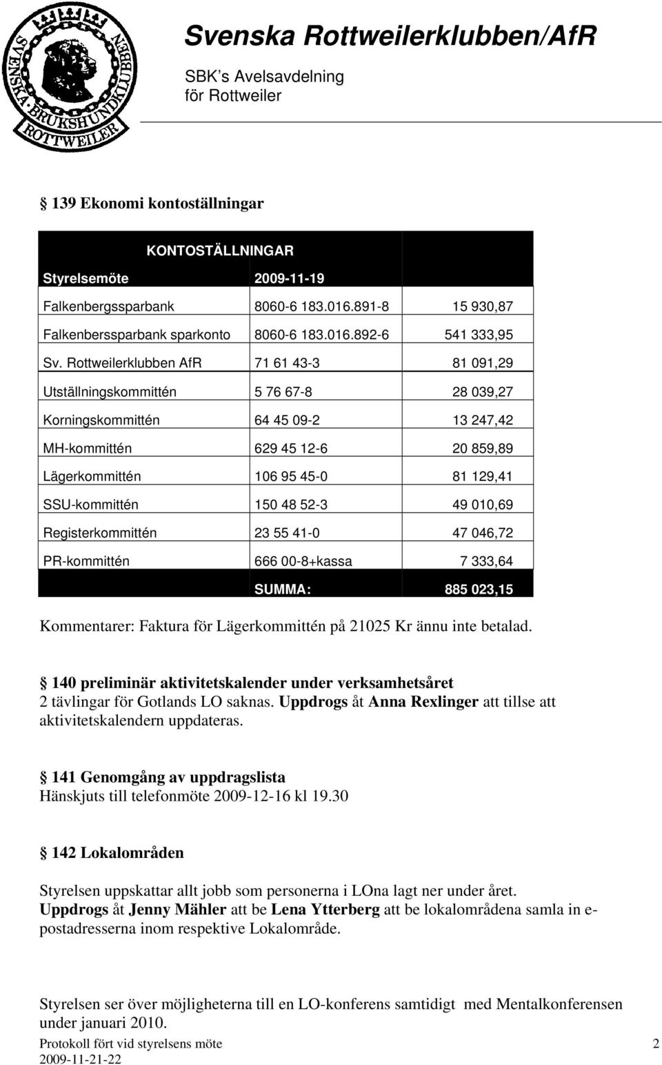 SSU-kommittén 150 48 52-3 49 010,69 Registerkommittén 23 55 41-0 47 046,72 PR-kommittén 666 00-8+kassa 7 333,64 SUMMA: 885 023,15 Kommentarer: Faktura för Lägerkommittén på 21025 Kr ännu inte betalad.