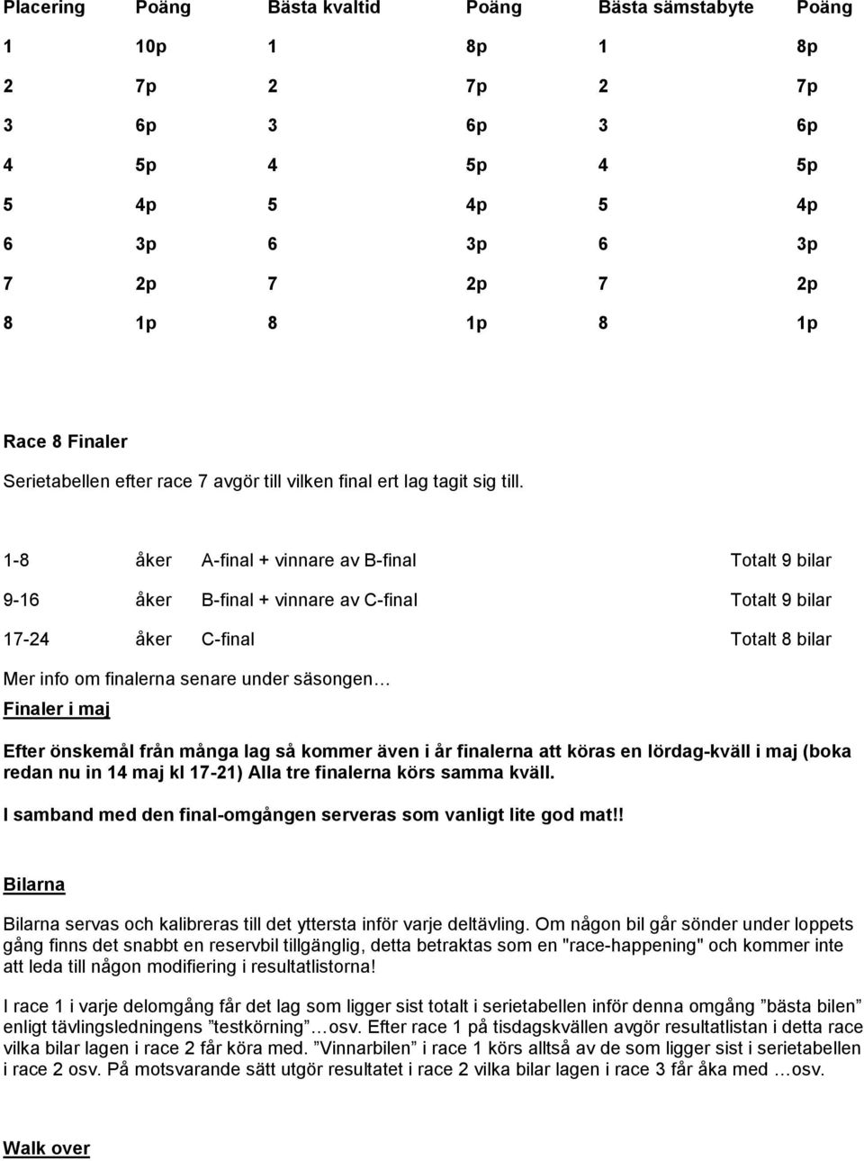 1-8 åker A-final + vinnare av B-final Totalt 9 bilar 9-16 åker B-final + vinnare av C-final Totalt 9 bilar 17-24 åker C-final Totalt 8 bilar Mer info om finalerna senare under säsongen Finaler i maj