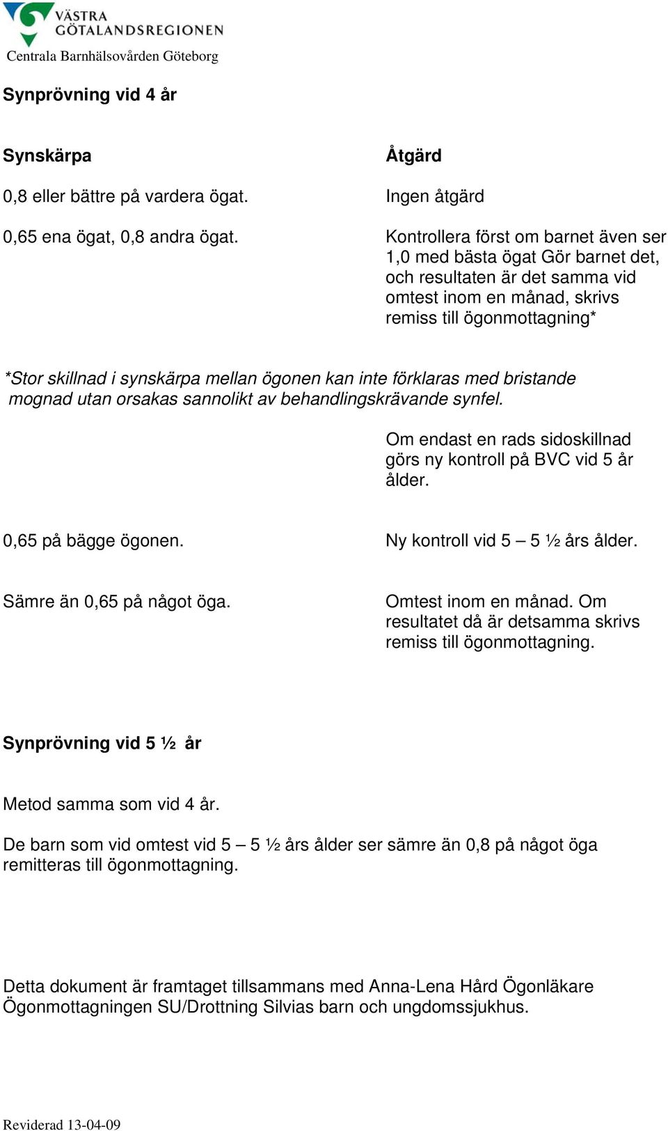 ögonen kan inte förklaras med bristande mognad utan orsakas sannolikt av behandlingskrävande synfel. Om endast en rads sidoskillnad görs ny kontroll på BVC vid 5 år ålder. 0,65 på bägge ögonen.