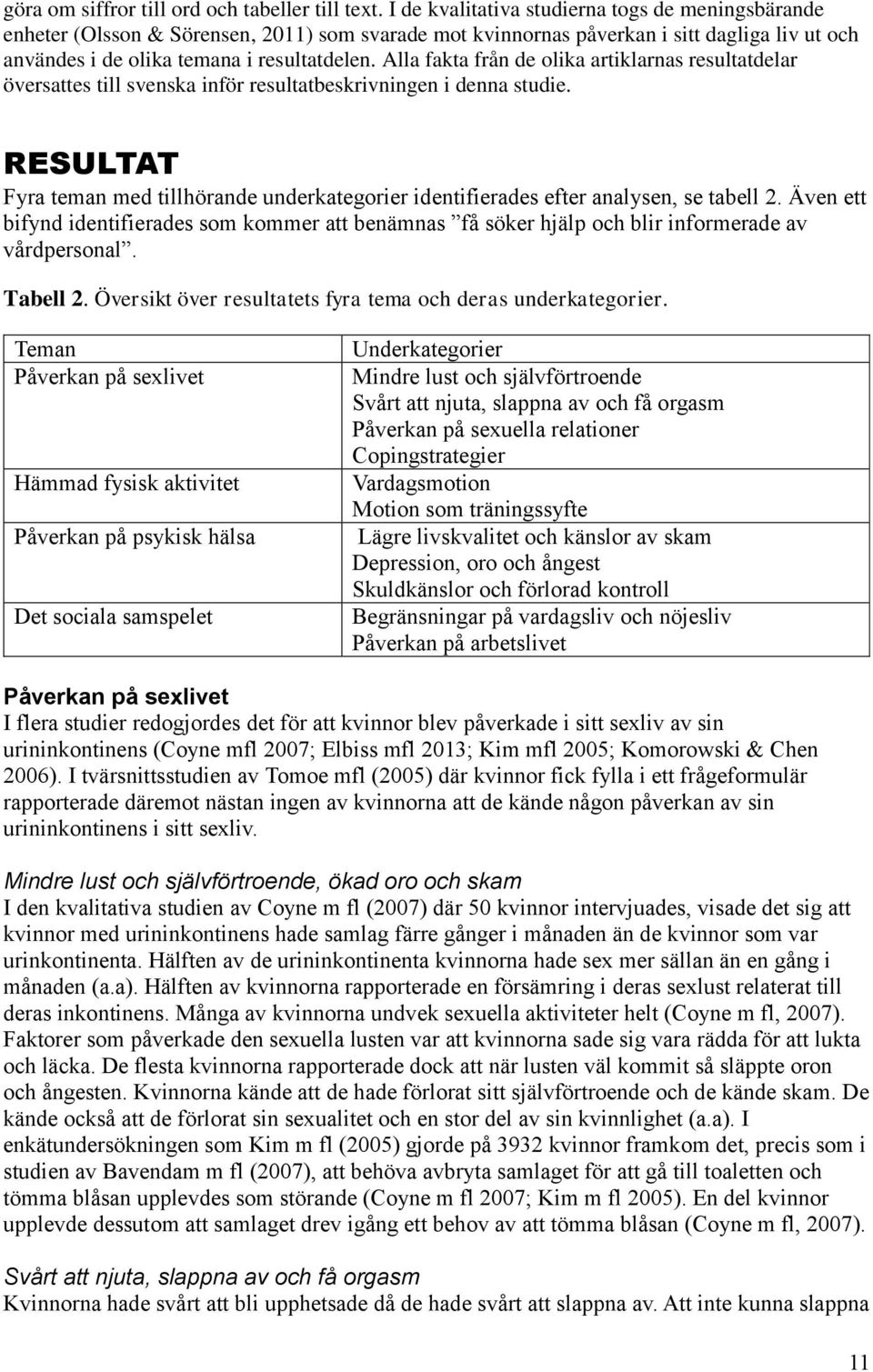 Alla fakta från de olika artiklarnas resultatdelar översattes till svenska inför resultatbeskrivningen i denna studie.