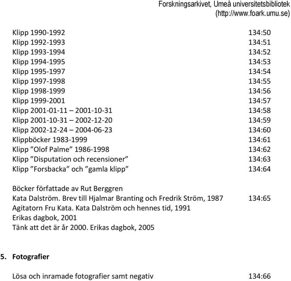 Disputation och recensioner 134:63 Klipp Forsbacka och gamla klipp 134:64 Böcker författade av Rut Berggren Kata Dalström.