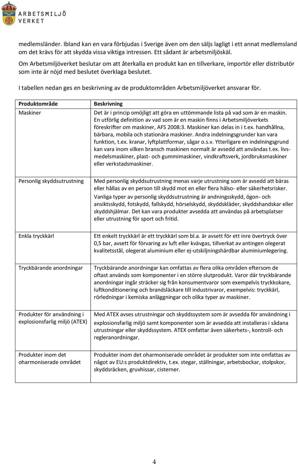 I tabellen nedan ges en beskrivning av de produktområden Arbetsmiljöverket ansvarar för.