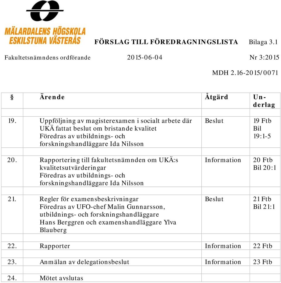 Rapportering till fakultetsnämnden om UKÄ:s kvalitetsutvärderingar Föredras av utbildnings- och forskningshandläggare Ida Nilsson 21.