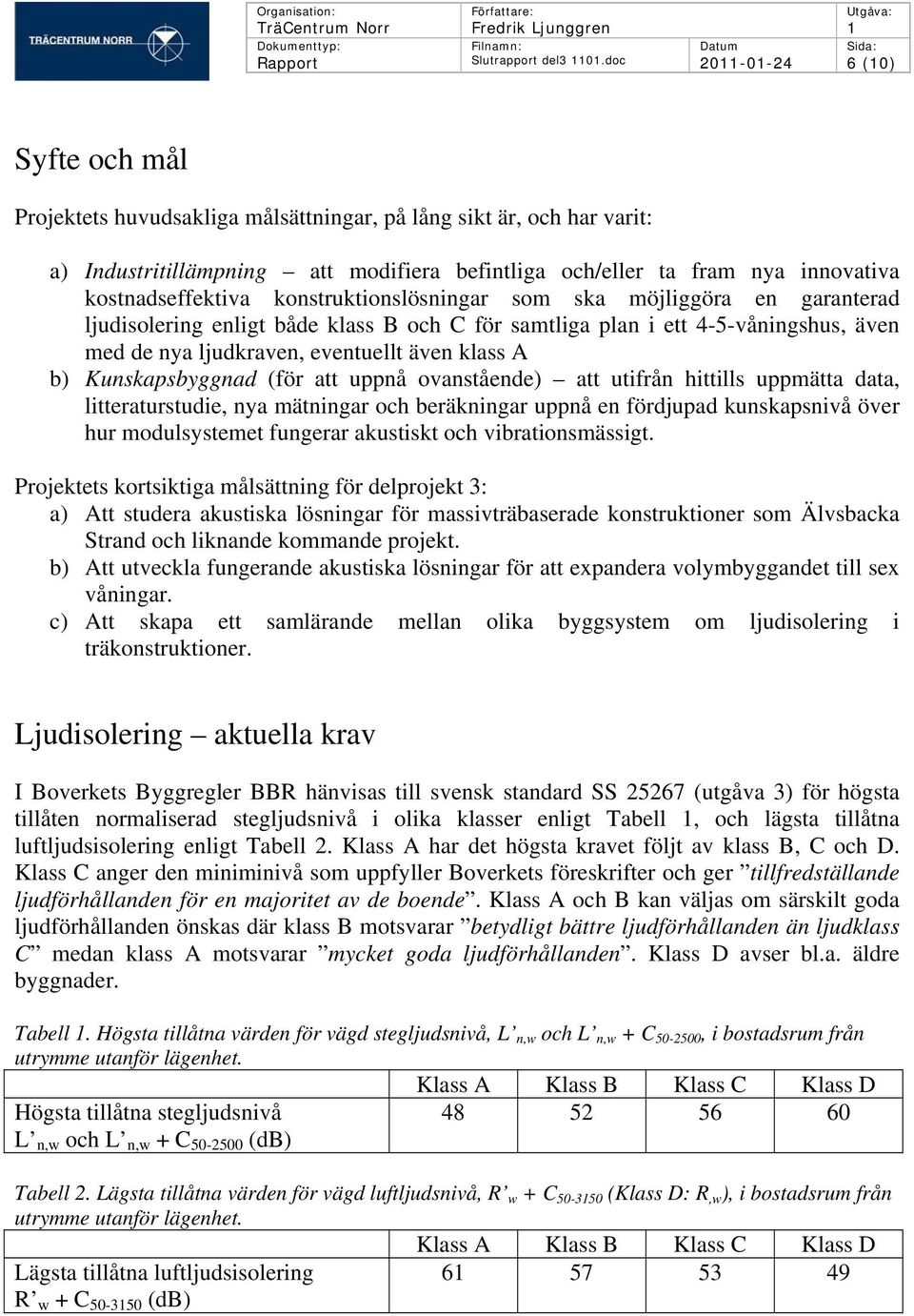 innovativa kostnadseffektiva konstruktionslösningar som ska möjliggöra en garanterad ljudisolering enligt både klass B och C för samtliga plan i ett 4-5-våningshus, även med de nya ljudkraven,