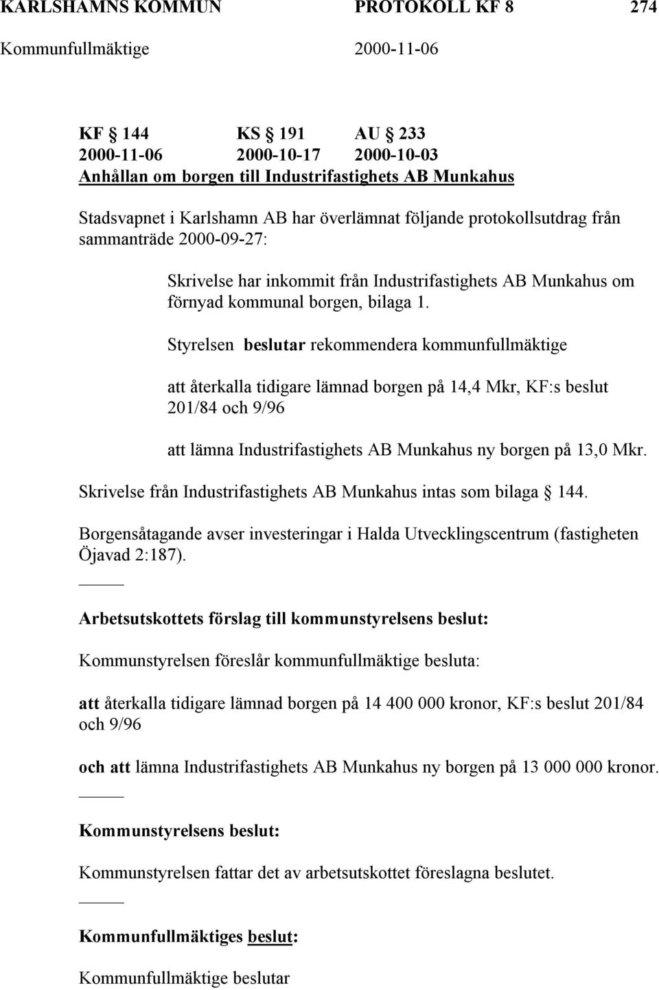 Styrelsen beslutar rekommendera kommunfullmäktige att återkalla tidigare lämnad borgen på 14,4 Mkr, KF:s beslut 201/84 och 9/96 att lämna Industrifastighets AB Munkahus ny borgen på 13,0 Mkr.