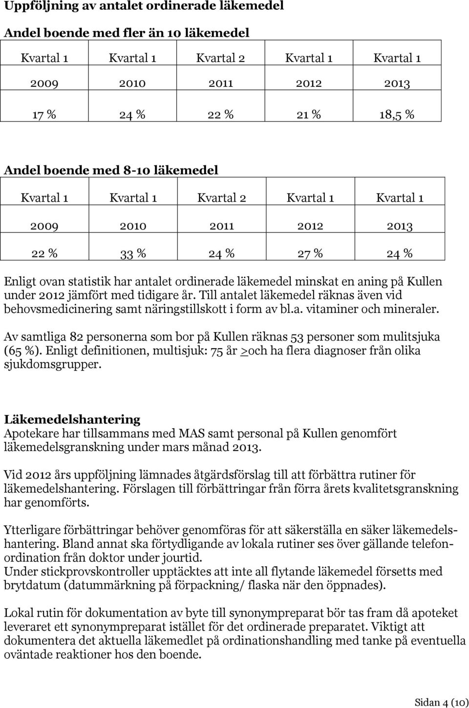 Kullen under 2012 jämfört med tidigare år. Till antalet läkemedel räknas även vid behovsmedicinering samt näringstillskott i form av bl.a. vitaminer och mineraler.