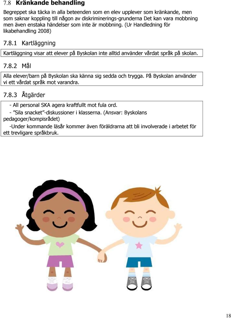 7.8.2 Mål Alla elever/barn på Byskolan ska känna sig sedda och trygga. På Byskolan använder vi ett vårdat språk mot varandra. 7.8.3 Åtgärder - All personal SKA agera kraftfullt mot fula ord.