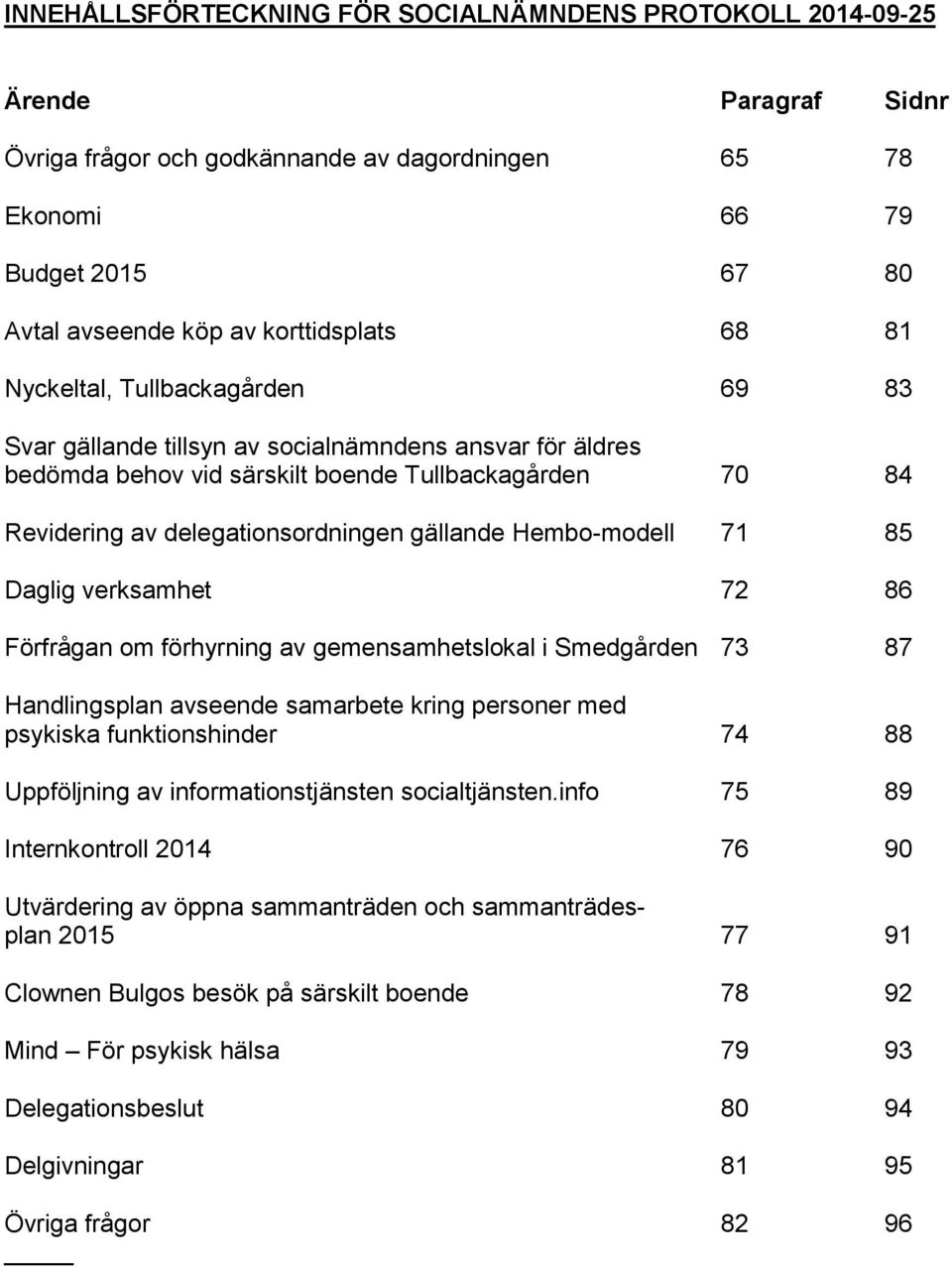 delegationsordningen gällande Hembo-modell 71 85 Daglig verksamhet 72 86 Förfrågan om förhyrning av gemensamhetslokal i Smedgården 73 87 Handlingsplan avseende samarbete kring personer med psykiska