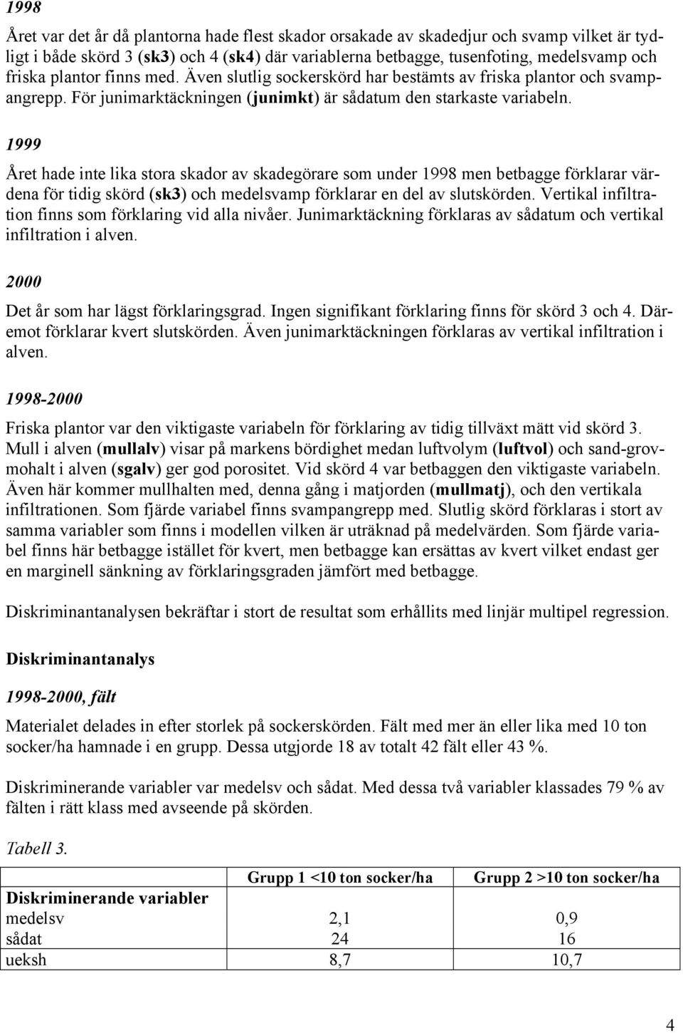 1999 Året hade inte lika stora skador av skadegörare som under 1998 men betbagge förklarar värdena för tidig skörd (sk3) och medelsvamp förklarar en del av slutskörden.