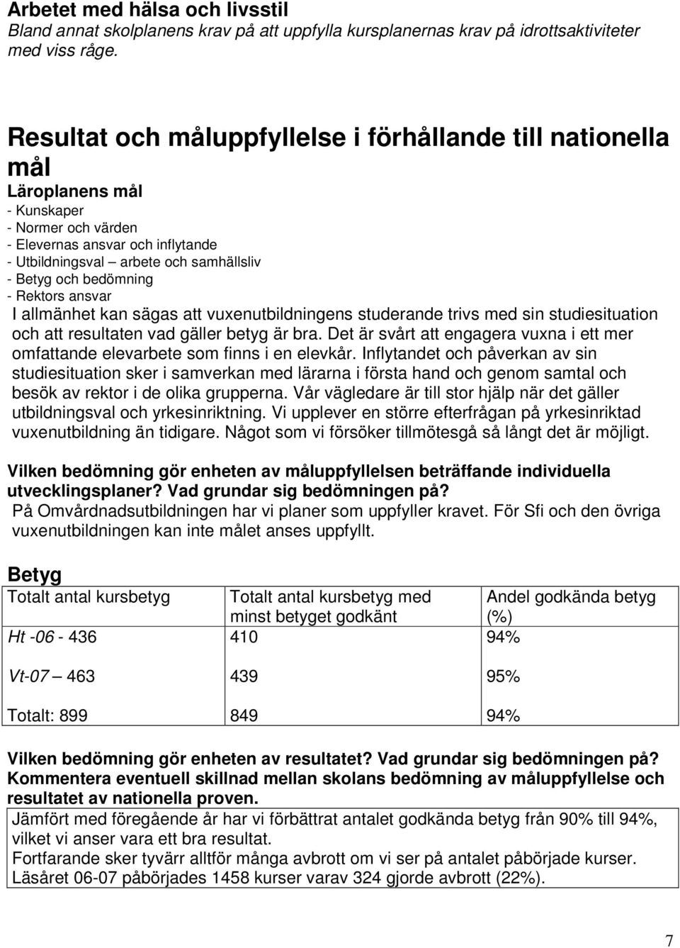 bedömning - Rektors ansvar I allmänhet kan sägas att vuxenutbildningens studerande trivs med sin studiesituation och att resultaten vad gäller betyg är bra.