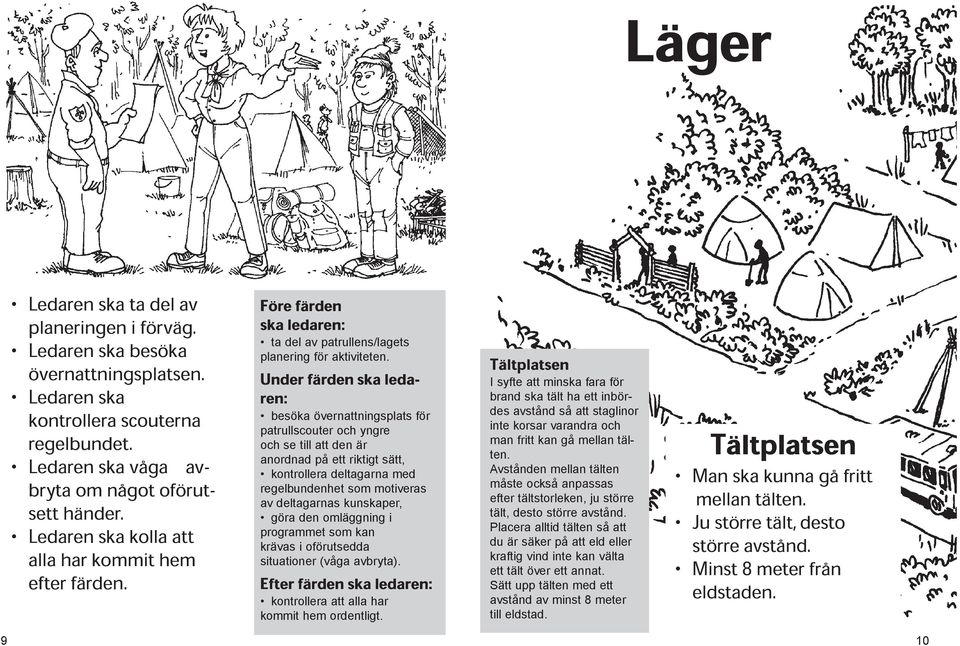 Under färden ska ledaren: besöka övernattningsplats för patrullscouter och yngre och se till att den är anordnad på ett riktigt sätt, kontrollera deltagarna med regelbundenhet som motiveras av