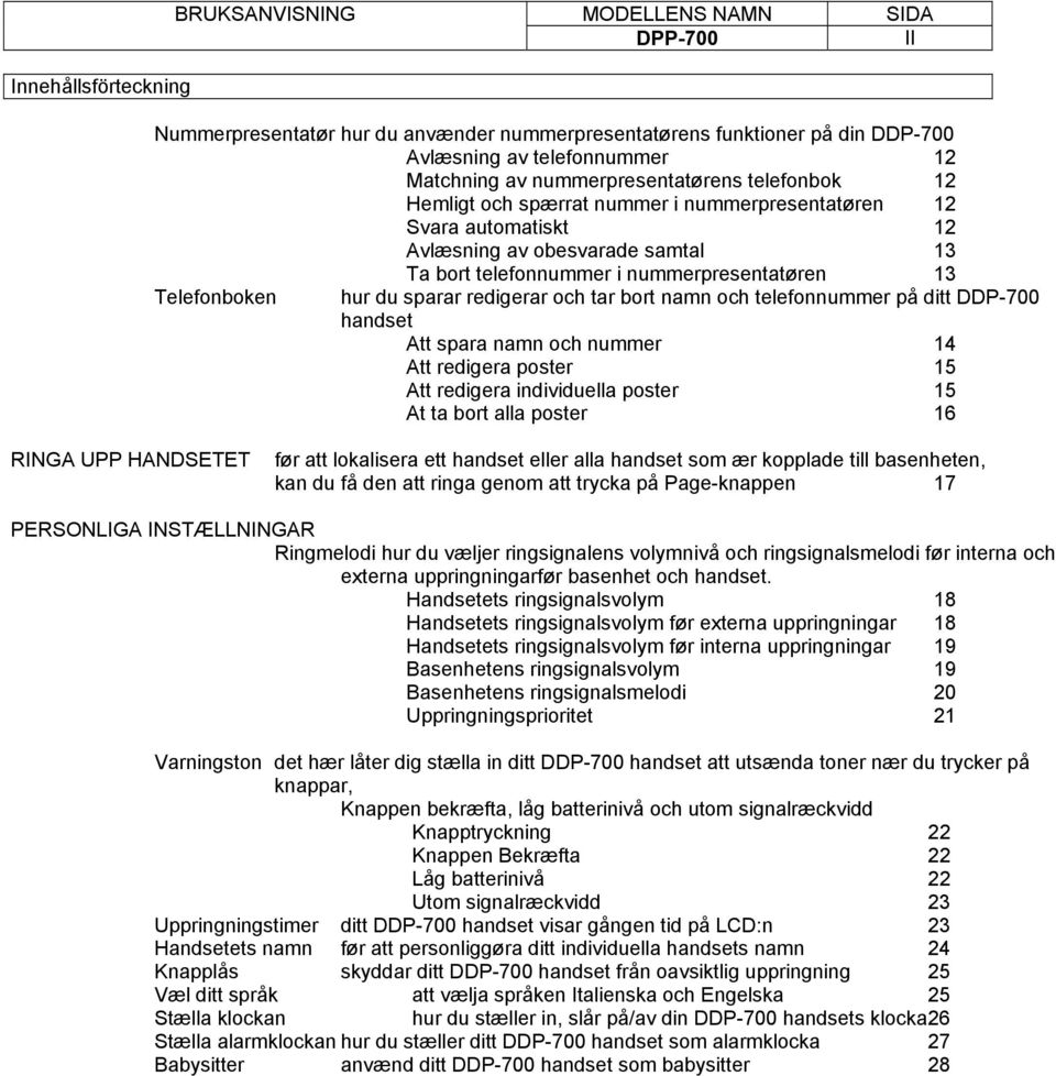 redigerar och tar bort namn och telefonnummer på ditt DDP-700 handset Att spara namn och nummer 14 Att redigera poster 15 Att redigera individuella poster 15 At ta bort alla poster 16 RINGA UPP