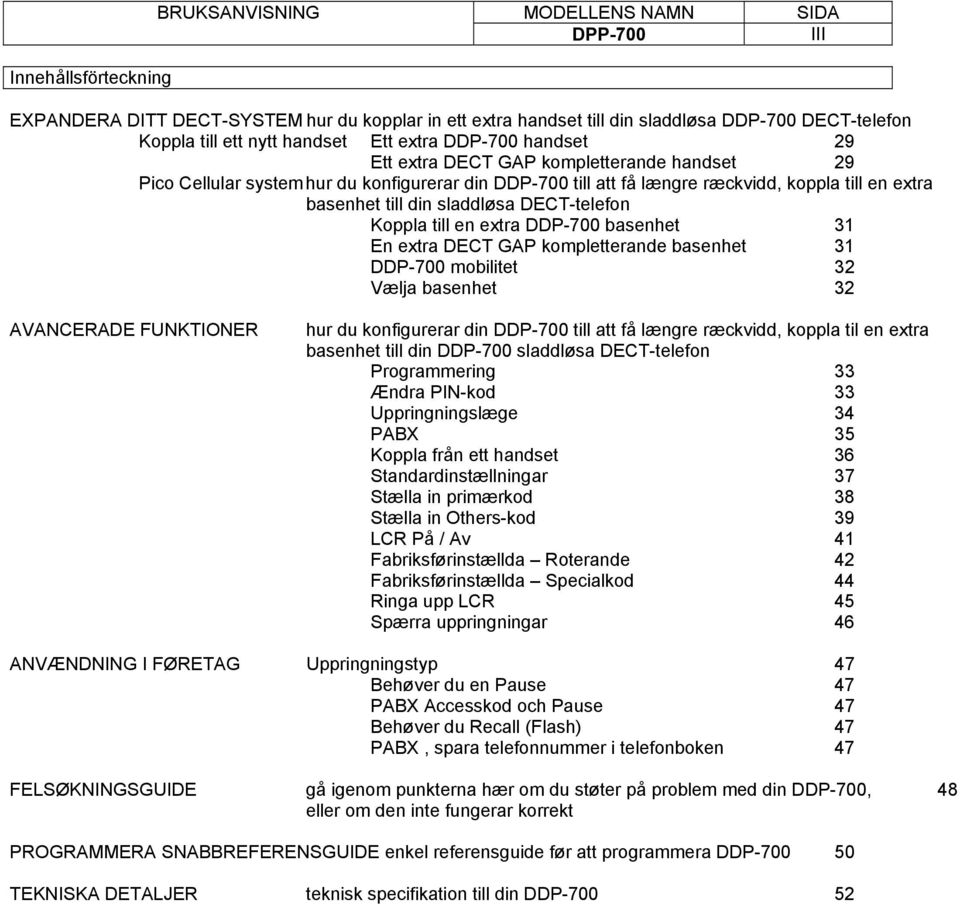 Koppla till en extra DDP-700 basenhet 31 En extra DECT GAP kompletterande basenhet 31 DDP-700 mobilitet 32 Vælja basenhet 32 AVANCERADE FUNKTIONER hur du konfigurerar din DDP-700 till att få længre