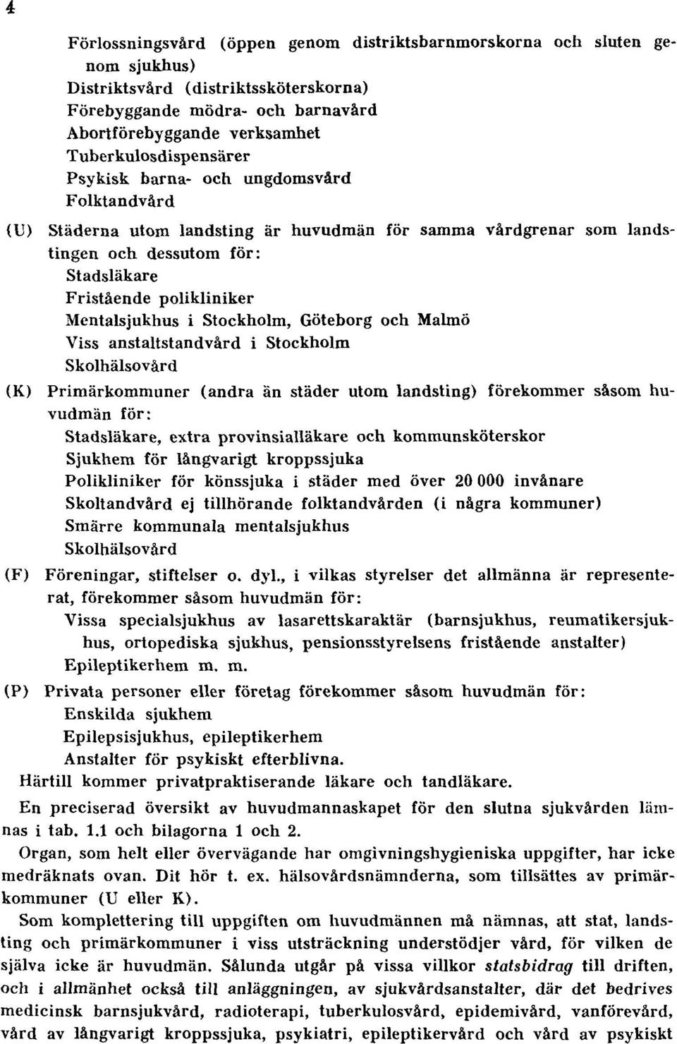 Mentalsjukhus i Stockholm, Göteborg och Malmö Viss anstaltstandvård i Stockholm Skolhälsovård (K) Primärkommuner (andra än städer utom landsting) förekommer såsom huvudmän för: Stadsläkare, extra