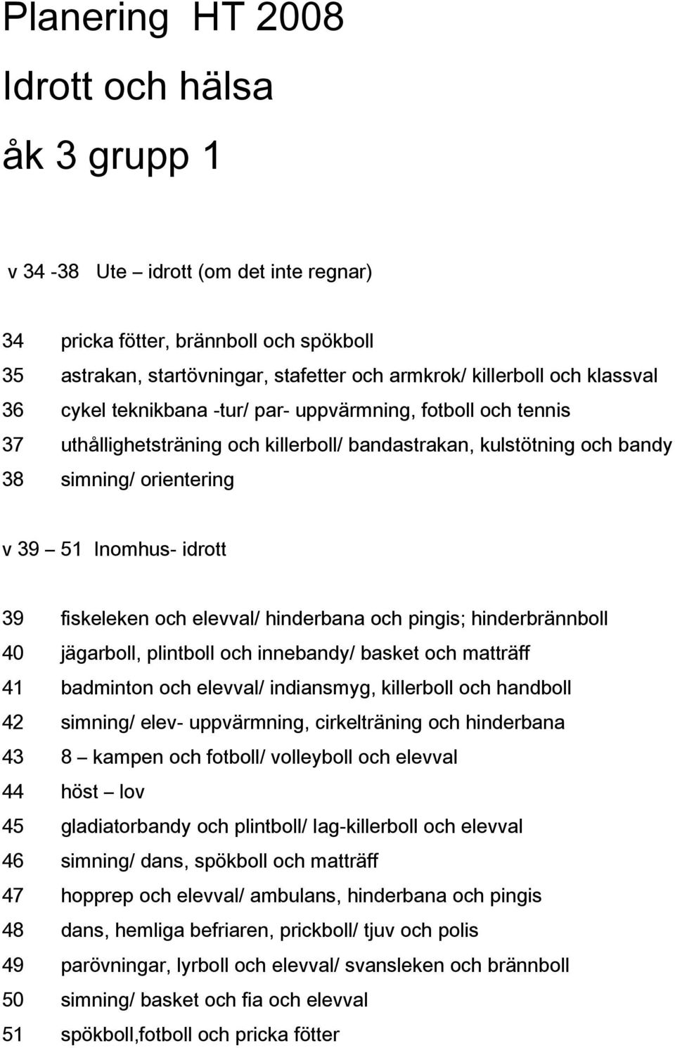 och elevval/ indiansmyg, killerboll och handboll 42 simning/ elev- uppvärmning, cirkelträning och hinderbana 43 8 kampen och fotboll/ volleyboll och elevval 45 gladiatorbandy och plintboll/