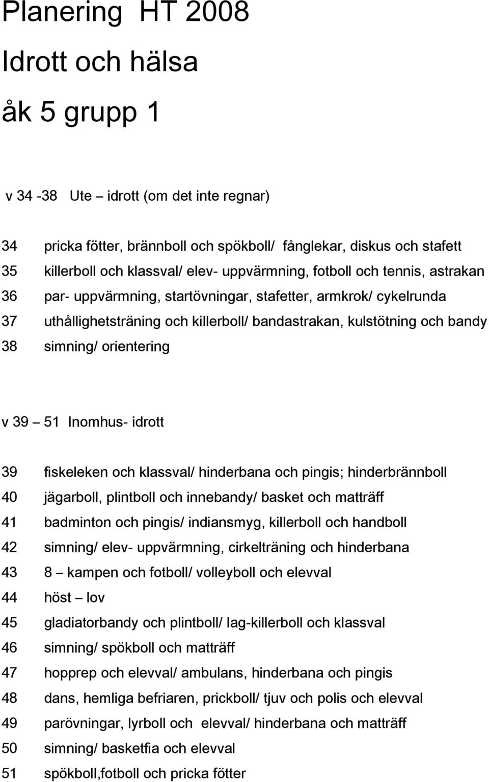 innebandy/ basket och matträff 41 badminton och pingis/ indiansmyg, killerboll och handboll 42 simning/ elev- uppvärmning, cirkelträning och hinderbana 43 8 kampen och fotboll/ volleyboll och elevval