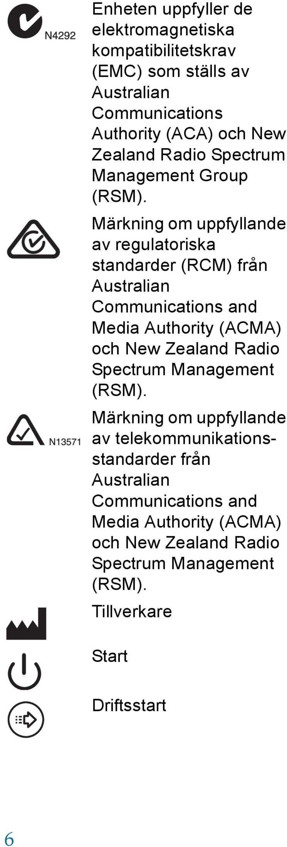 Märkning om uppfyllande av regulatoriska standarder (RCM) från Australian Communications and Media Authority (ACMA) och New Zealand