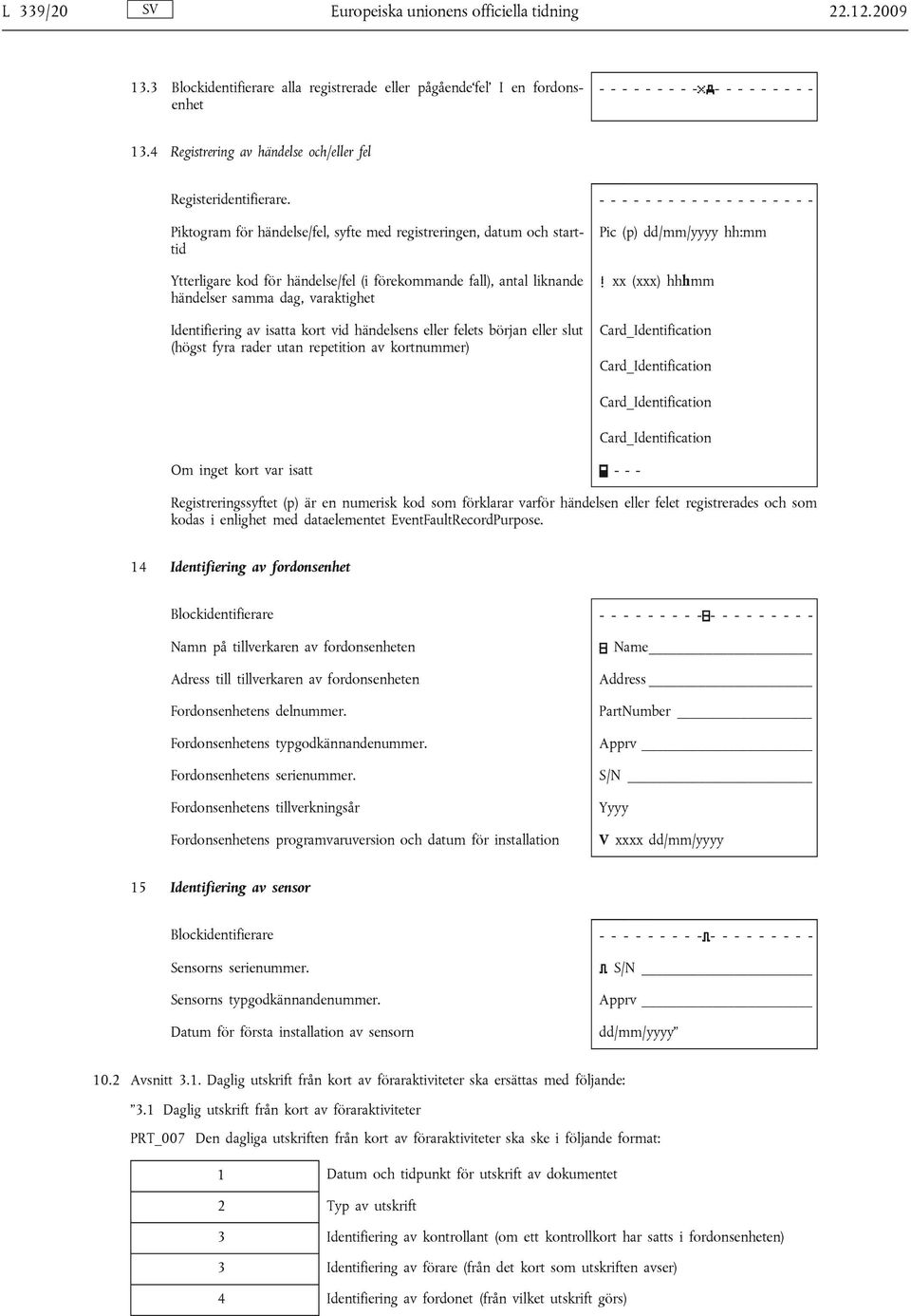 - - - - - - - - - - - - - - - - - - - Piktogram för händelse/fel, syfte med registreringen, datum och starttid Ytterligare kod för händelse/fel (i förekommande fall), antal liknande händelser samma