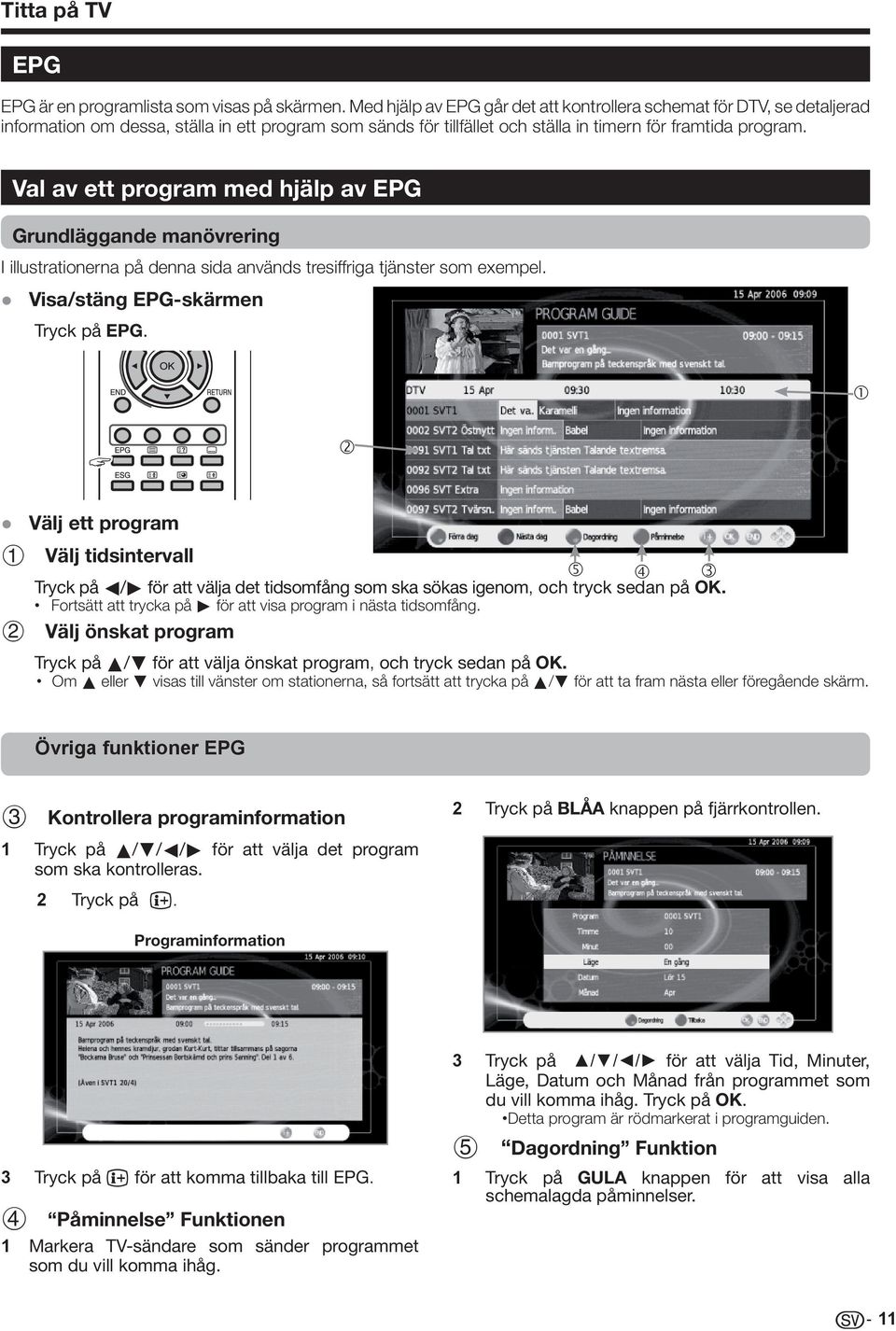 Val av ett program med hjälp av EPG Grundläggande manövrering I illustrationerna på denna sida används tresiffriga tjänster som exempel. Visa/stäng EPG-skärmen Tryck på EPG.