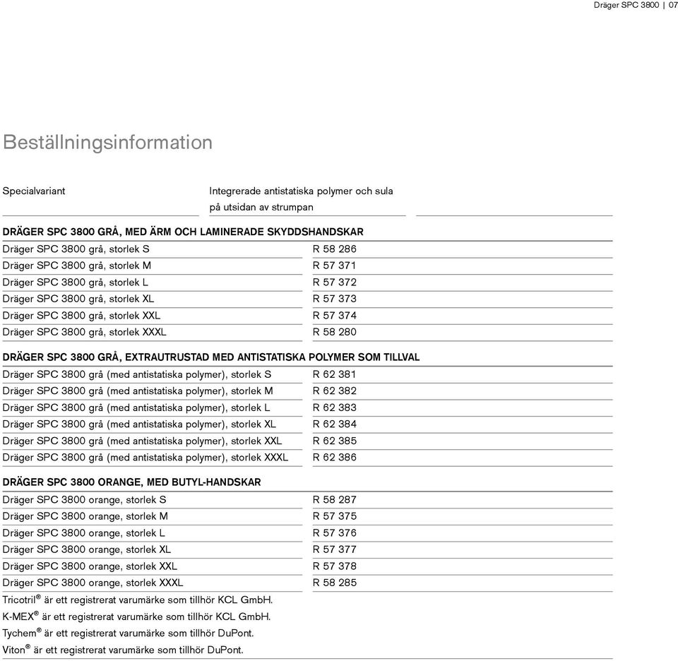 3800 grå, storlek XXXL R 58 280 DRÄGER SPC 3800 GRÅ, EXTRAUTRUSTAD MED ANTISTATISKA POLYMER SOM TILLVAL Dräger SPC 3800 grå (med antistatiska polymer), storlek S R 62 381 Dräger SPC 3800 grå (med