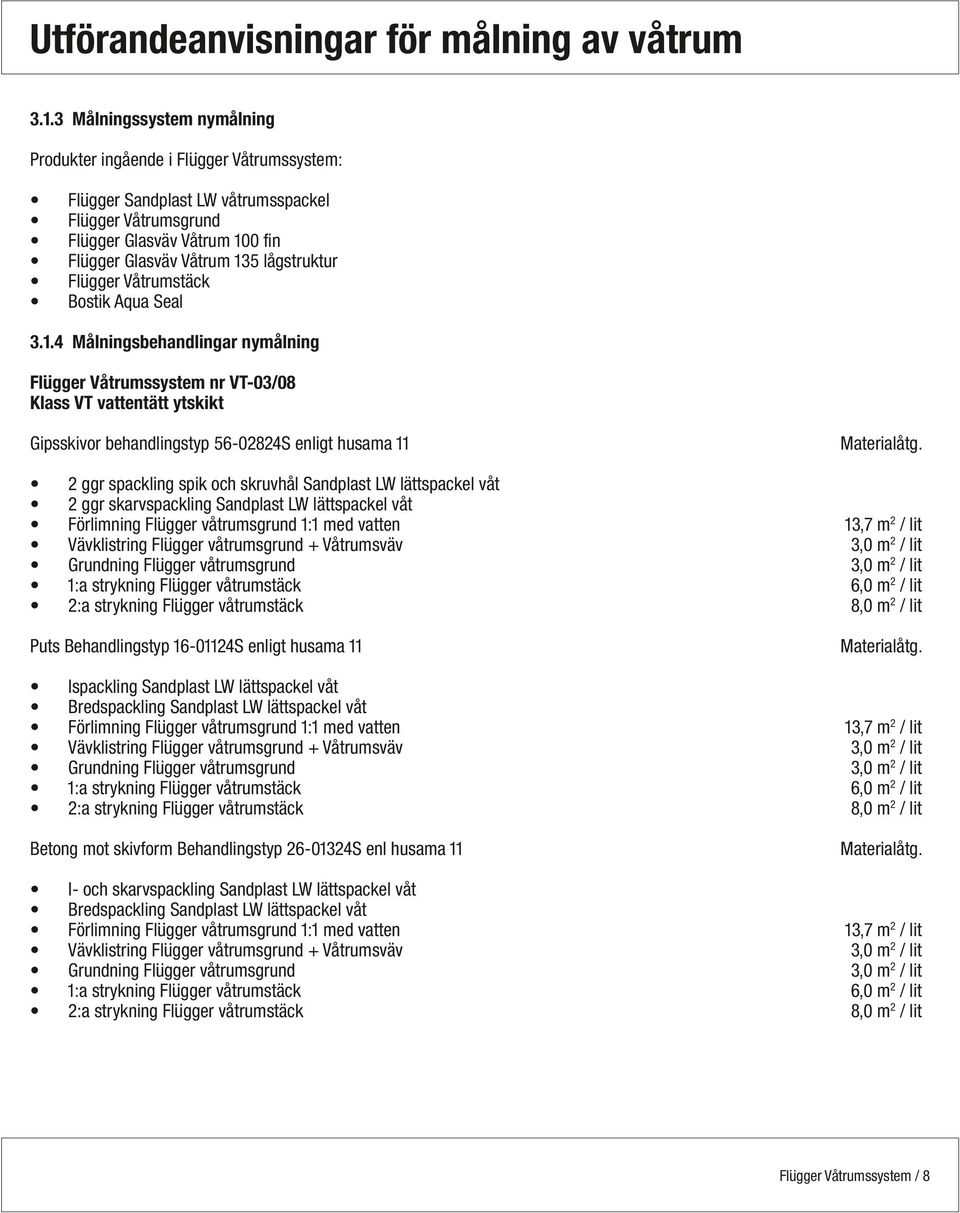 4 Målningsbehandlingar nymålning Flügger Våtrumssystem nr VT-03/08 Klass VT vattentätt ytskikt Gipsskivor behandlingstyp 56-02824S enligt husama 11 13,7 m2 / lit 3,0 m2 / lit 3,0 m2 / lit 6,0 m2 /