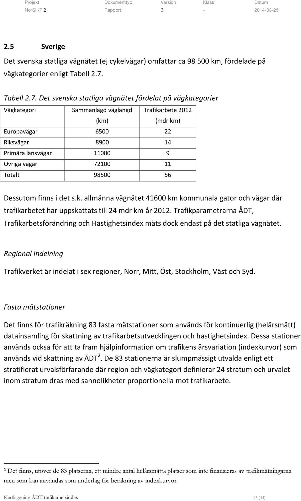 Det svenska statliga vägnätet fördelat på vägkategorier Vägkategori Sammanlagd väglängd (km) Trafikarbete 2012 (mdr km) Europavägar 6500 22 Riksvägar 8900 14 Primära länsvägar 11000 9 Övriga vägar
