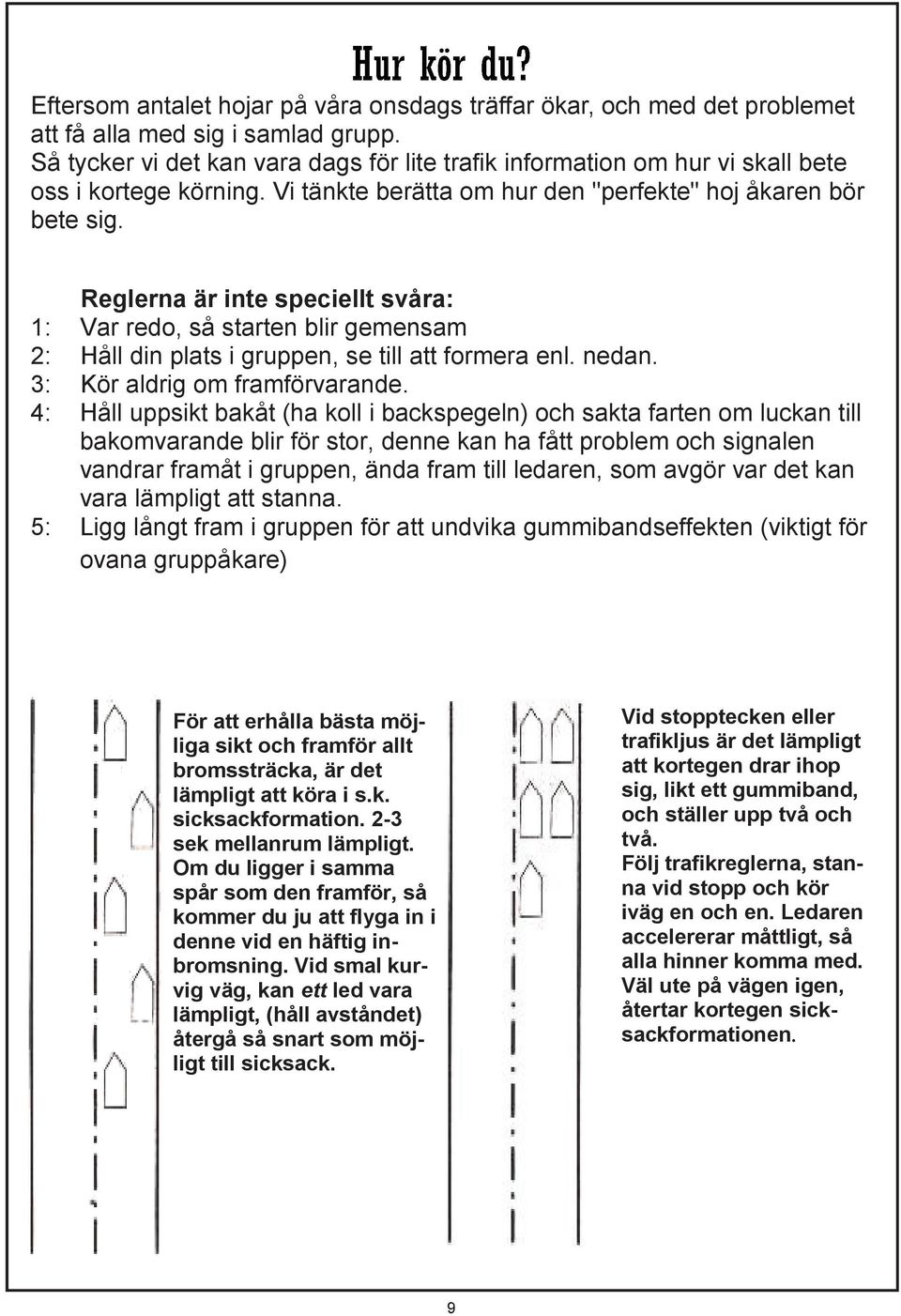 Reglerna är inte speciellt svåra: 1: Var redo, så starten blir gemensam 2: Håll din plats i gruppen, se till att formera enl. nedan. 3: Kör aldrig om framförvarande.