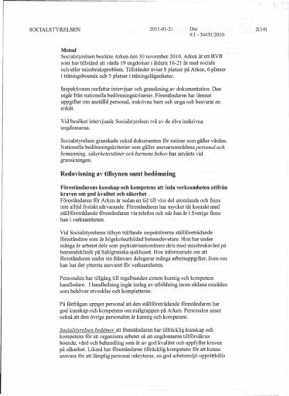 Tillståndet avser 8 platser på Arken, 6 platser i träningsboende och 5 platser i träningslägenheter. Inspektionen omfattar intervjuer och granskning av dokumentation.