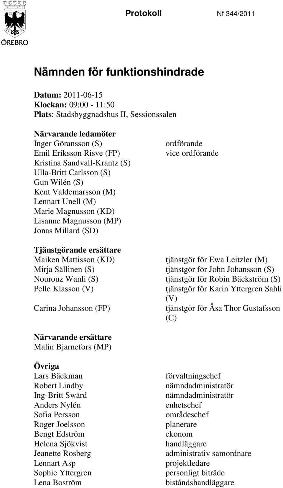 Maiken Mattisson (KD) Mirja Sällinen (S) Nourouz Wanli (S) Pelle Klasson (V) Carina Johansson (FP) ordförande vice ordförande tjänstgör för Ewa Leitzler (M) tjänstgör för John Johansson (S) tjänstgör