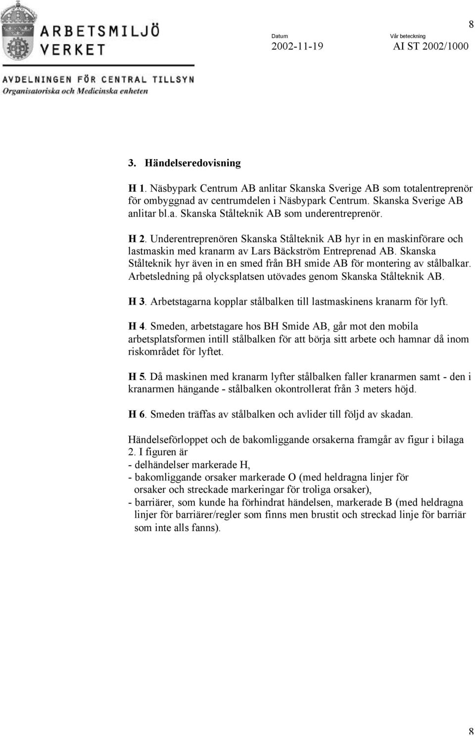 Skanska Stålteknik hyr även in en smed från BH smide AB för montering av stålbalkar. Arbetsledning på olycksplatsen utövades genom Skanska Stålteknik AB. H 3.