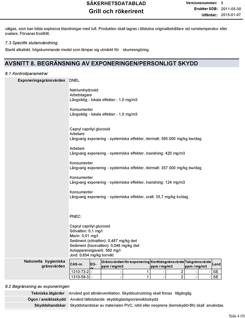 1 Kontrollparametrar Exponeringsgränsvärden DNEL Natriumhydroxid: Arbetstagare Långsiktig - lokala effekter - 1,0 mg/m3 Konsumenter Långsiktig - lokala effekter - 1,0 mg/m3 Capryl caprilyl glucosid